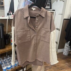 POL Brown Button-Up Shirt with Cream Sleeves